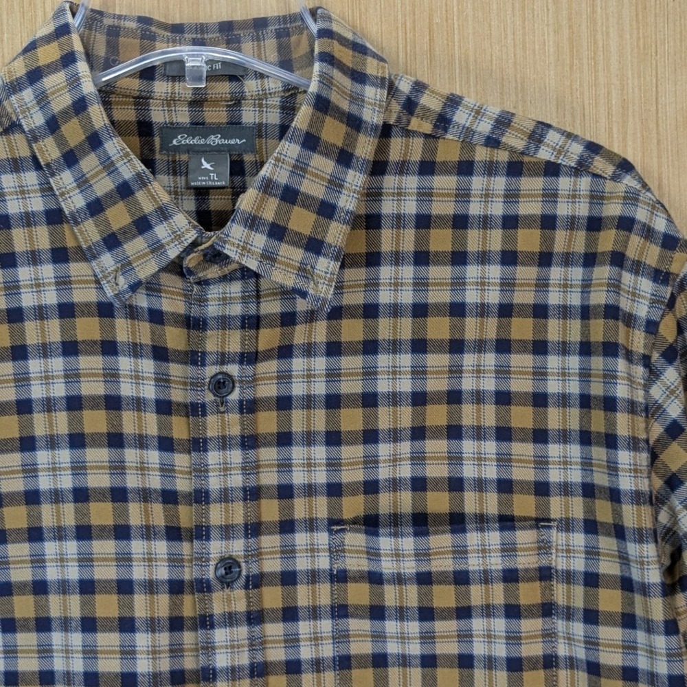 Eddie Bauer Mens Tall XL Classic Fit Plaid Flannel Shirt Navy Tan Cotton‎ Casual